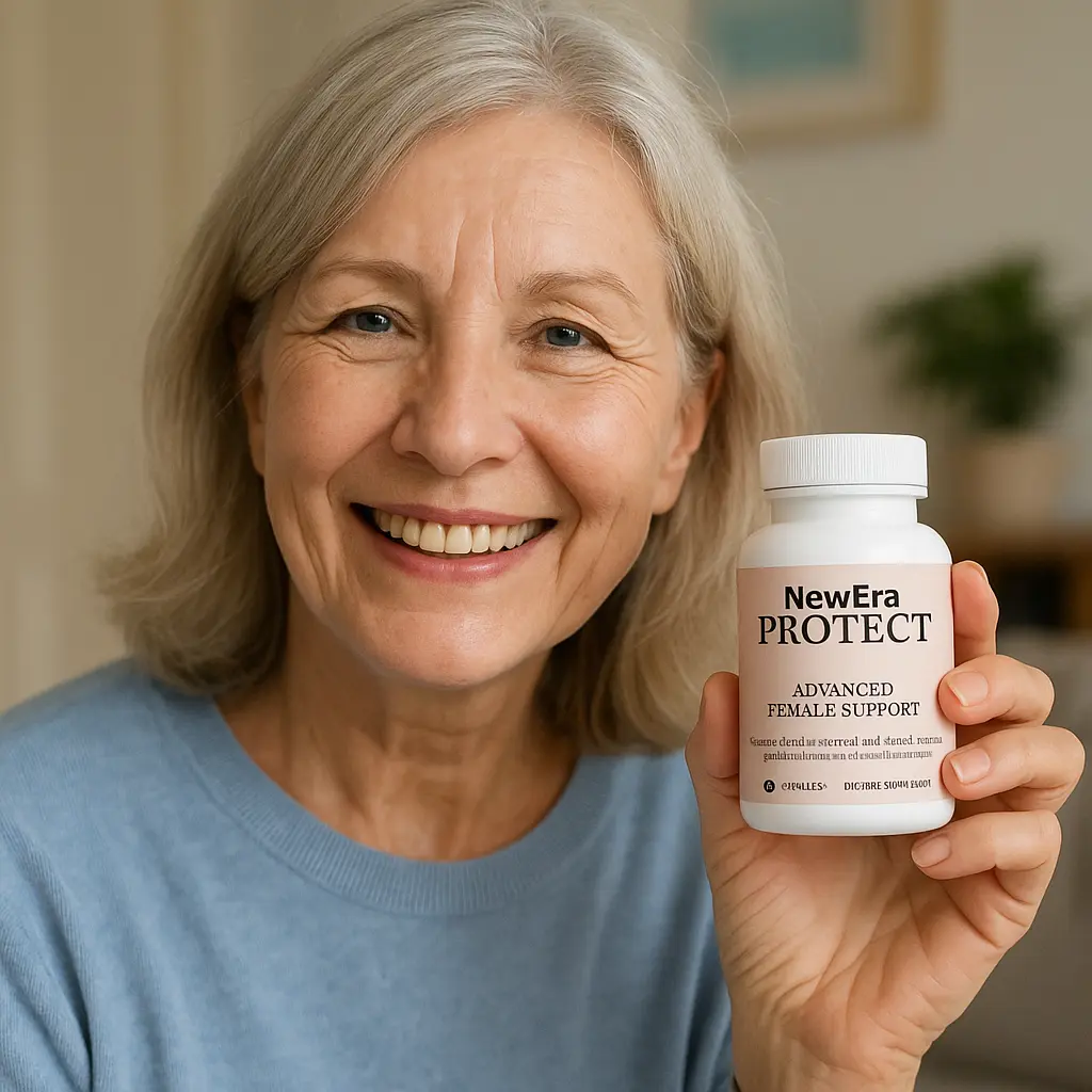 NewEra Protect customer review - satisfied woman holding supplement bottle